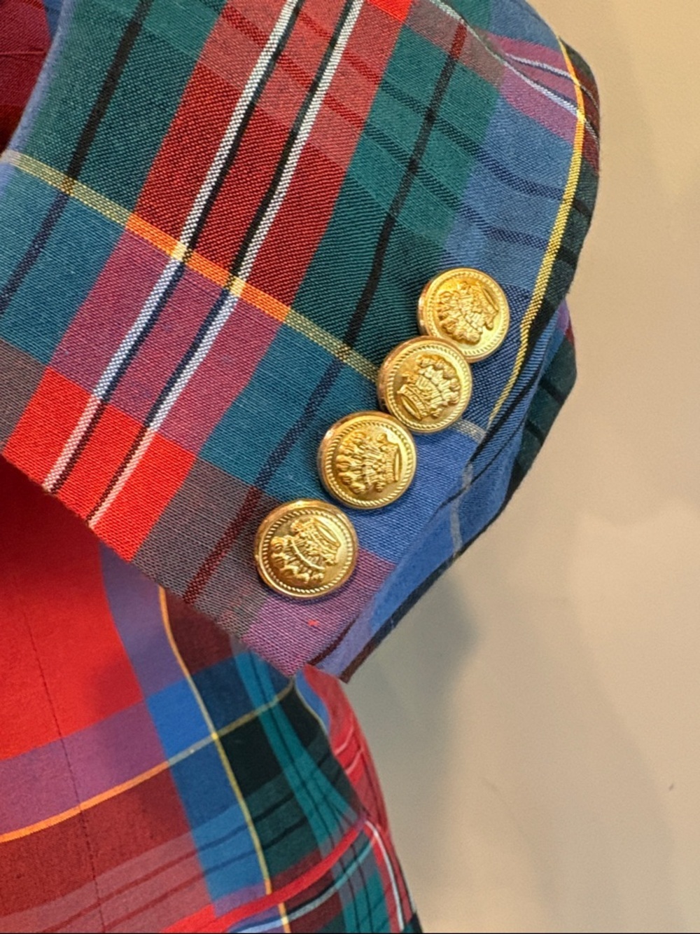 Vintage Ralph Lauren 80s Red Multi Plaid Double-Breasted Blazer Gold Buttons - Picture 3 of 16